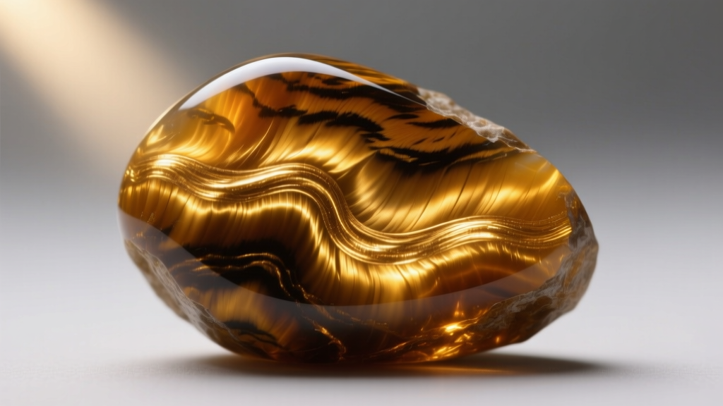 Macro shot of the golden fibrous chatoyancy band inside a raw tiger's eye stone, illuminated by a single directional light source.