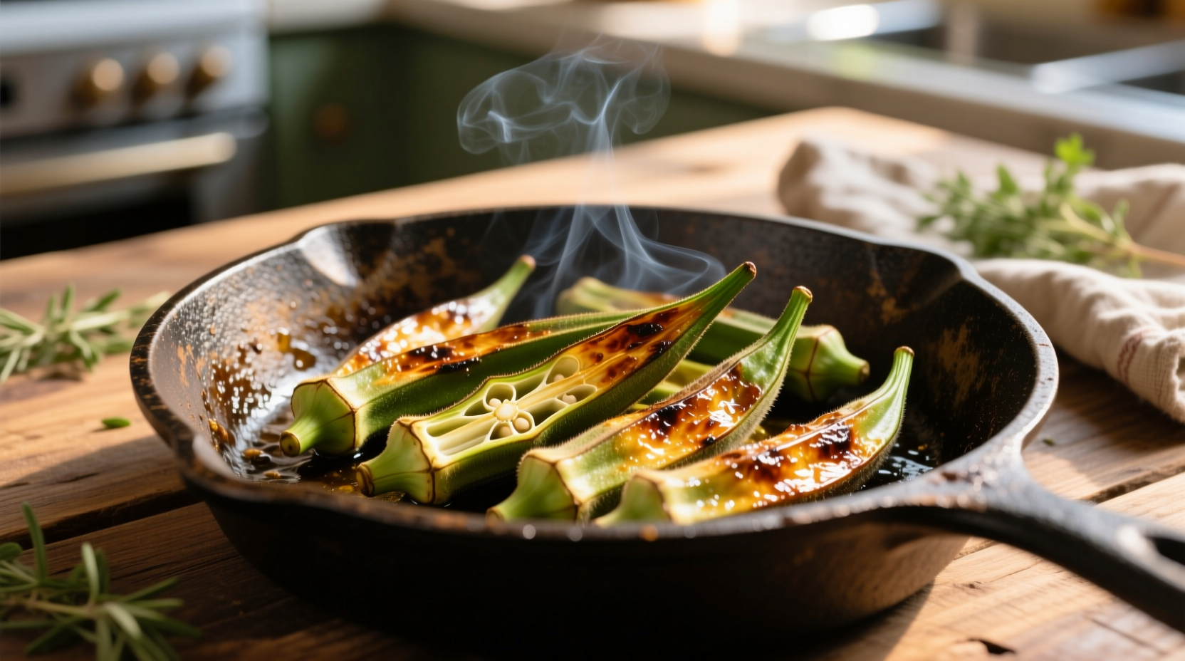 Fresh okra pods roasted to golden perfection in cast iron skillet