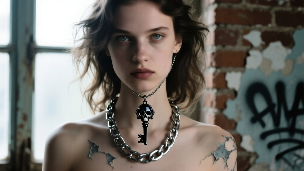 Moody portrait of a model wearing a distressed silver Cuban chain necklace and a horror-chic pendant in a 90s grunge aesthetic.