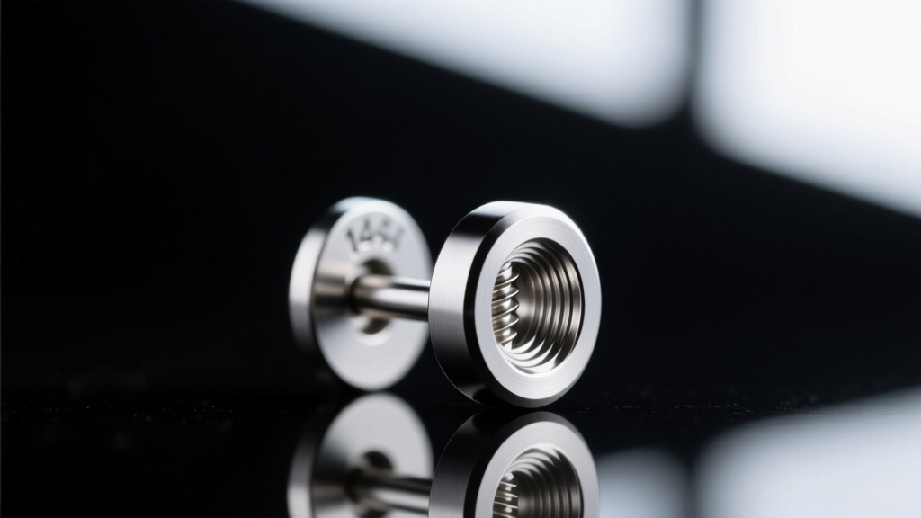Macro photo of a 14g titanium internally threaded earring post showing precision screw threads on a dark studio background