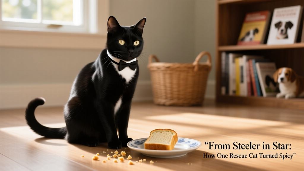 Tuxedo cat sitting politely beside a small plate holding a bite-sized piece of cat-safe bread, looking proud and content