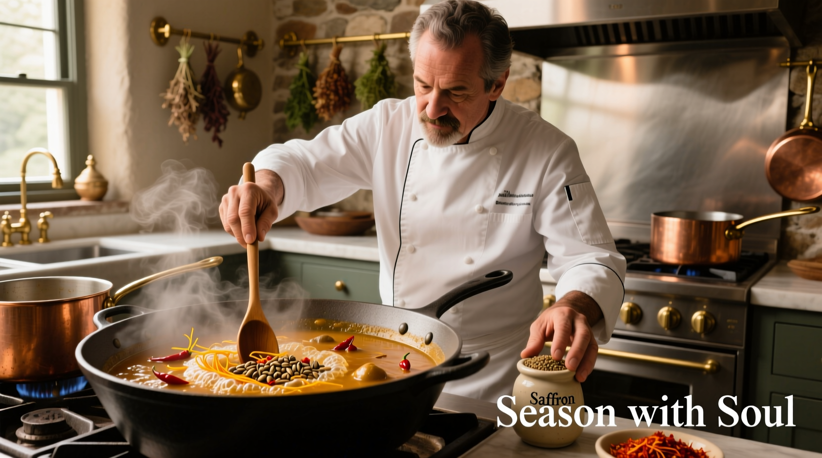 Chef adjusting spice levels in a simmering pot