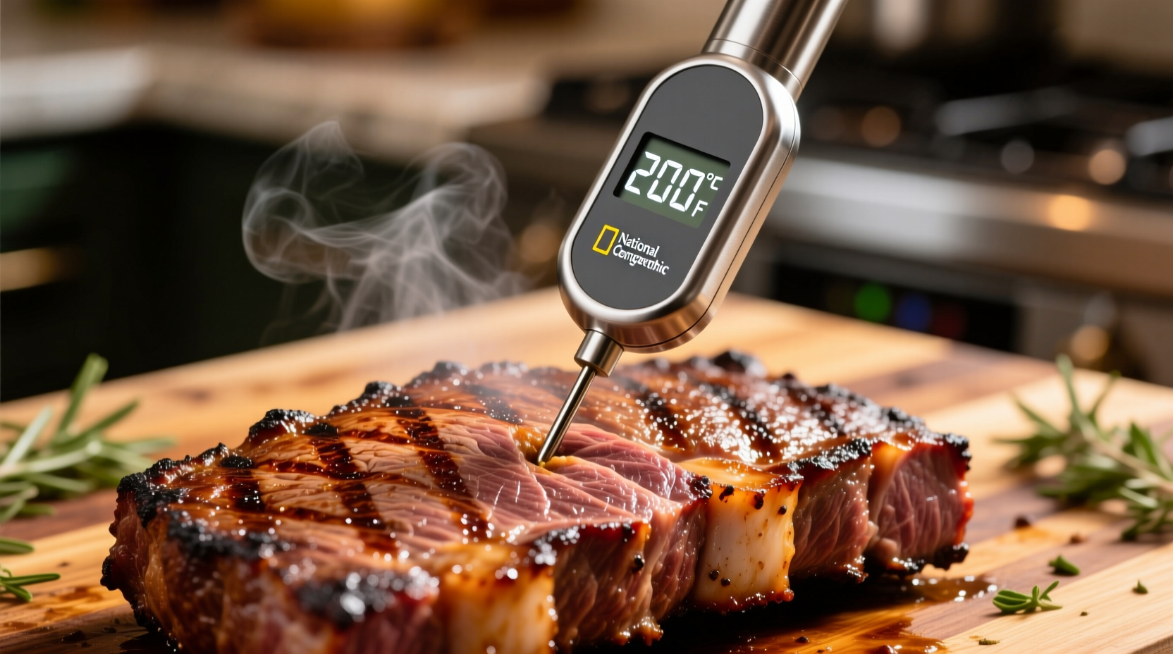 Brisket temperature probe showing 200 degrees Fahrenheit