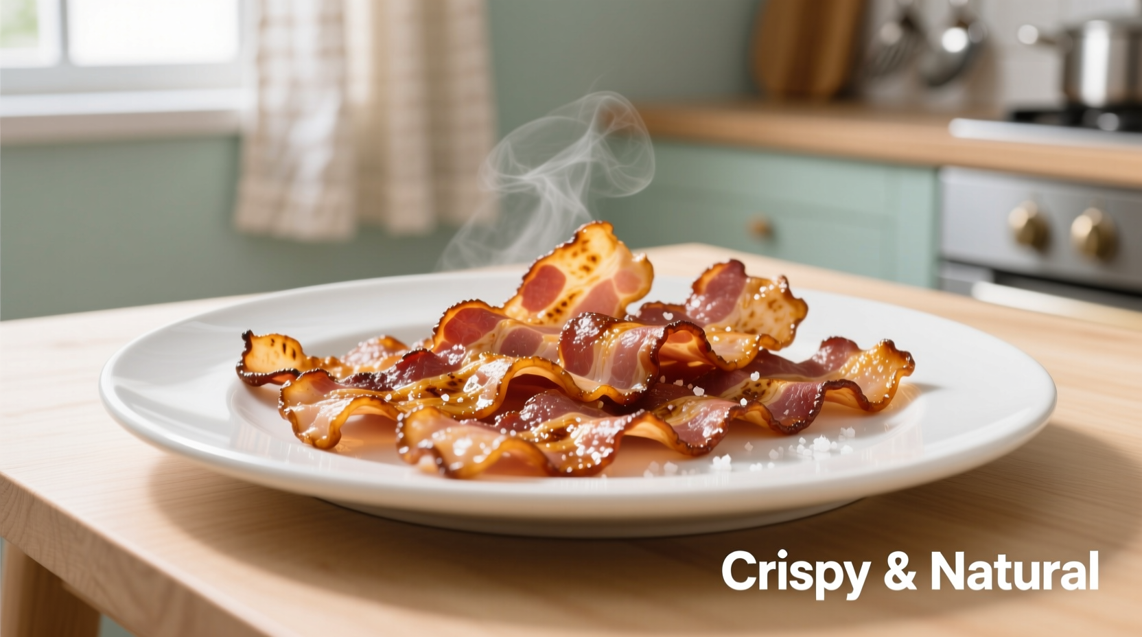 Golden brown turkey bacon strips on white plate