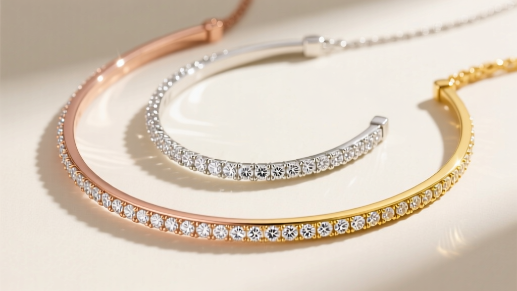 Overhead flat lay of three diamond curved bar necklaces in rose, white, and yellow gold, showing varying degrees of bend radius