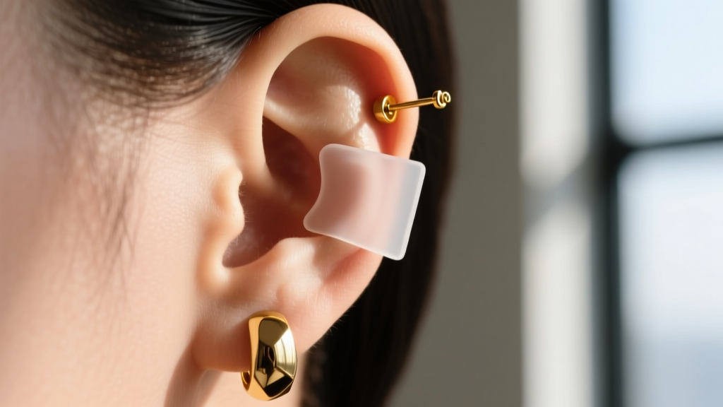 Macro shot of an earlobe showing a clear silicone support patch holding up a heavy 20-gauge gold leverback earring securely.