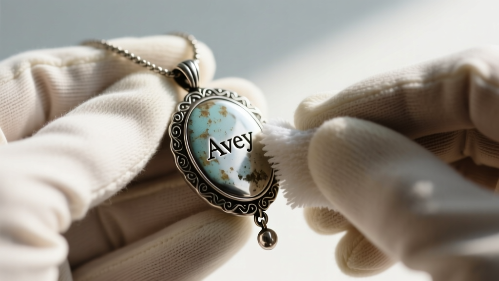 Hands in cotton gloves gently polishing the raised edges of an oxidized vintage silver Avery pendant with a soft microfiber cloth