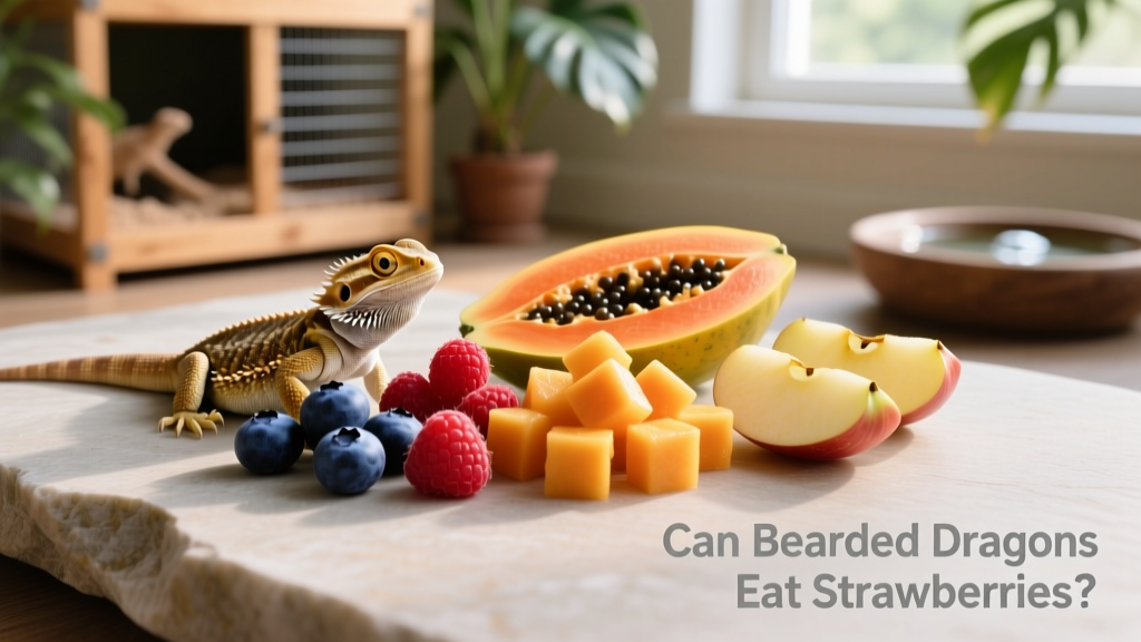 Assortment of safe fruits for bearded dragons: blueberries, raspberries, papaya cubes, and apple slices arranged on a clean surface