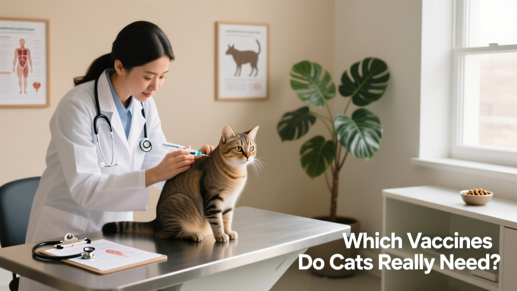 A veterinarian gently administering a vaccine to a calm, seated cat in a clinic exam room