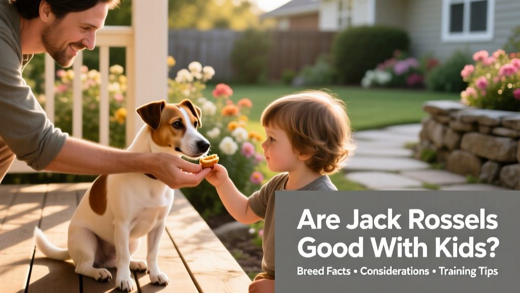 A parent guiding a child’s hand as they offer a treat to a calm, seated Jack Russell Terrier