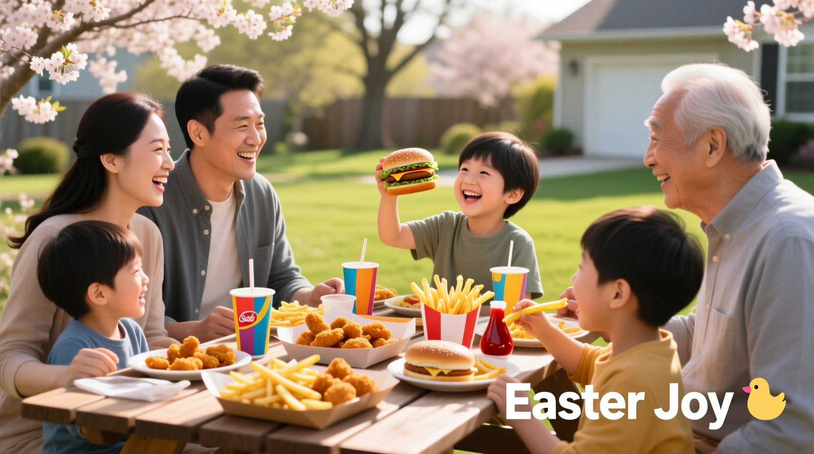 Family enjoying fast food meal on Easter Sunday