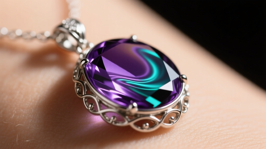Macro shot of a silver mood necklace pendant on skin, displaying a vibrant swirl of deep violet and teal liquid crystals.