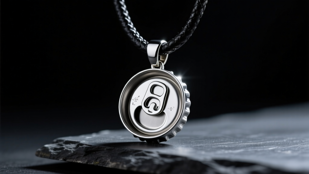 Close-up of a polished aluminum soda tab pendant hanging from a black leather cord, resting on dark slate with moody lighting.