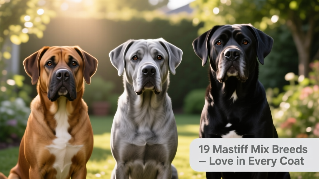 Side-by-side photos of three different Mastiff mixes showing varied coat colors, sizes, and expressions