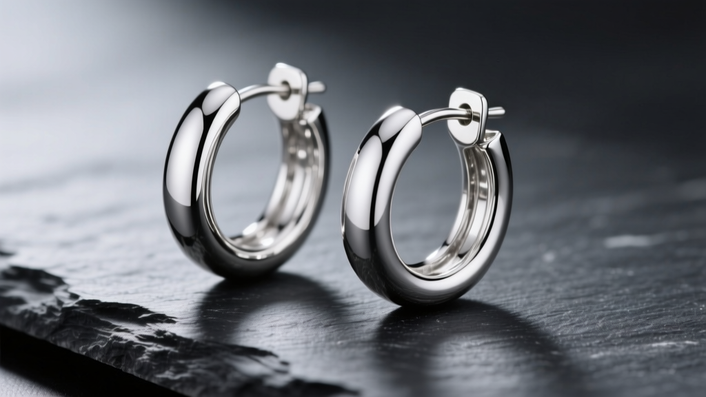 Close-up of 14k white gold hoop earrings on dark slate, reflecting soft studio lighting to highlight the bright rhodium finish