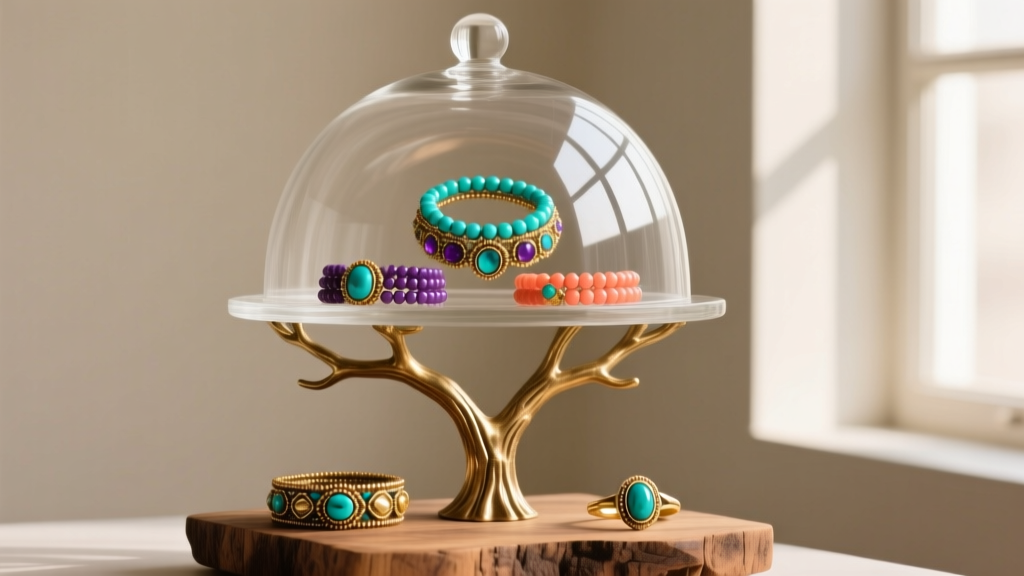 Glass cloche dome covering a raw brass tree branch display stand adorned with handmade bohemian beaded bracelets and rings on wood