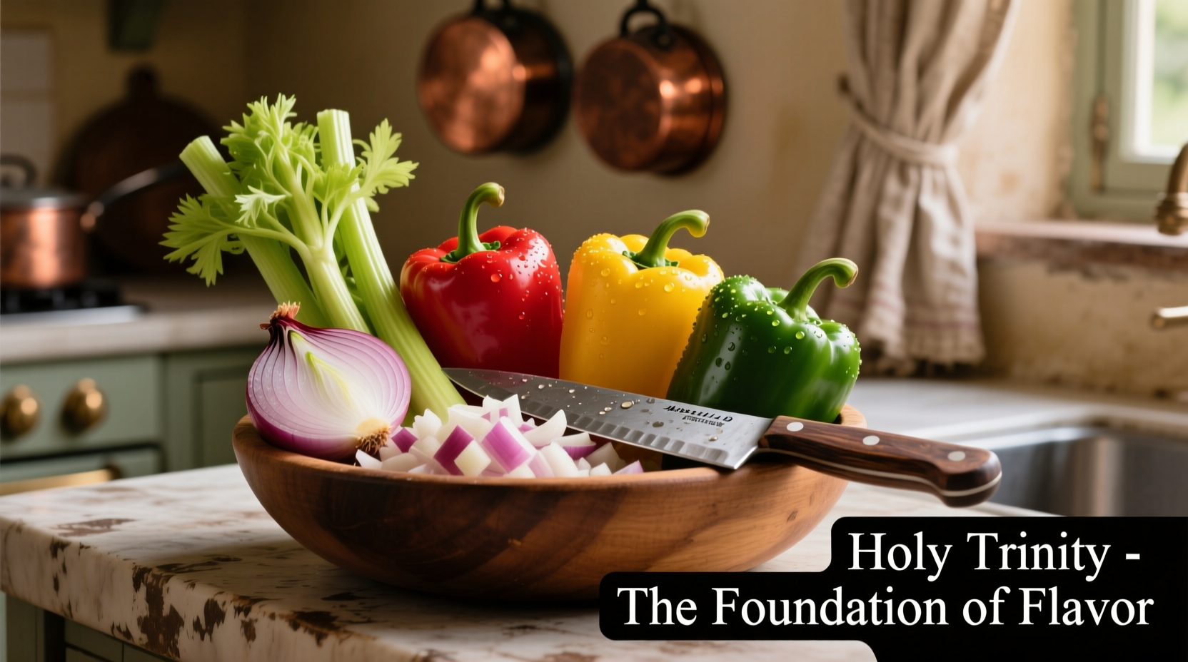 Holy trinity ingredients chopped and ready for cooking