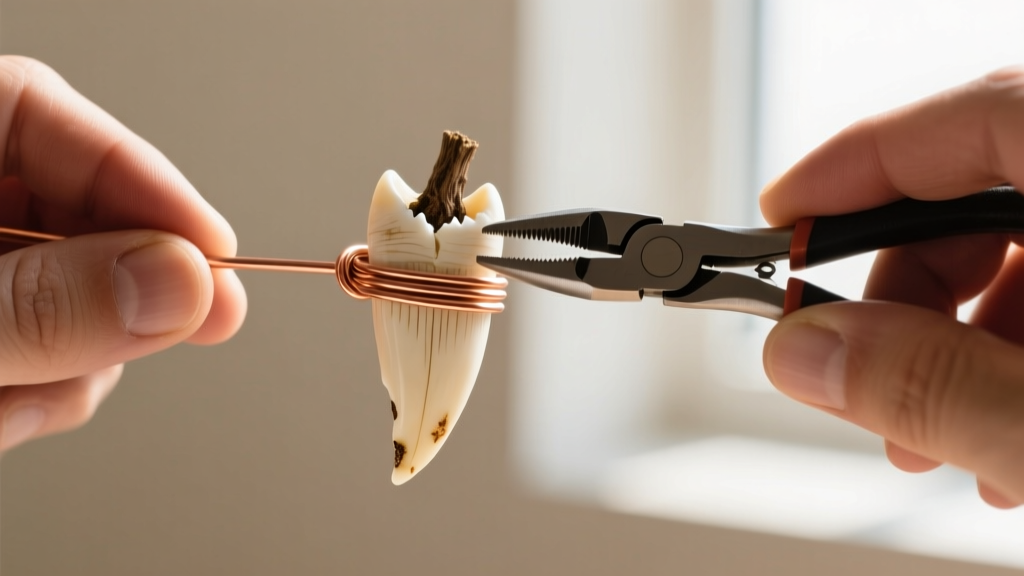 Hands using round-nose pliers to bend 20-gauge tarnish-resistant copper wire around the root of a great white shark tooth.