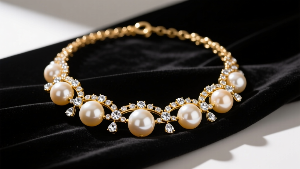 Vintage gold-tone Marvella necklace with large faux pearls and prong-set clear rhinestones resting on dark velvet fabric.