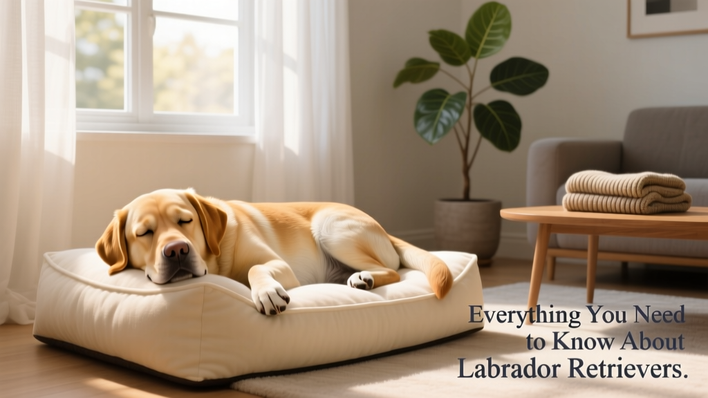 A relaxed Labrador Retriever resting peacefully on a cozy indoor dog bed near a sunny window