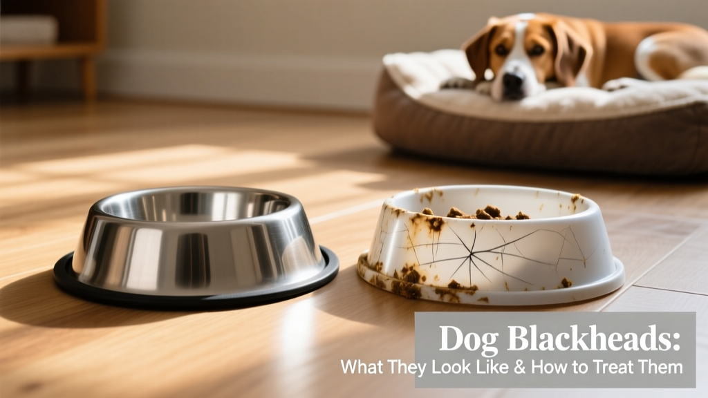 Side-by-side comparison: clean stainless steel bowl vs. worn plastic bowl with visible scratches and residue
