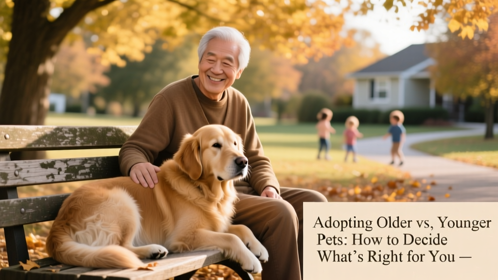 Senior golden retriever resting peacefully beside a smiling adult, both seated on a park bench with soft afternoon light