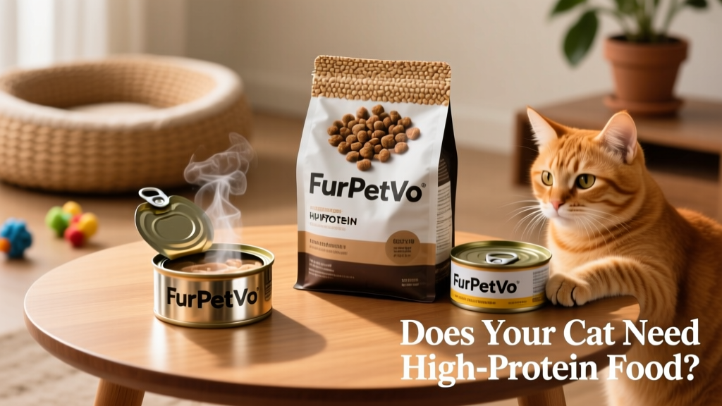 Side-by-side comparison of high-protein wet and dry cat food cans and bags, labeled 'FurPetVo'