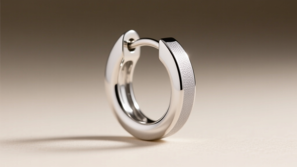 Side profile of a palladium white gold huggie earring showing a seamless hinge mechanism and natural grey-white metal tone