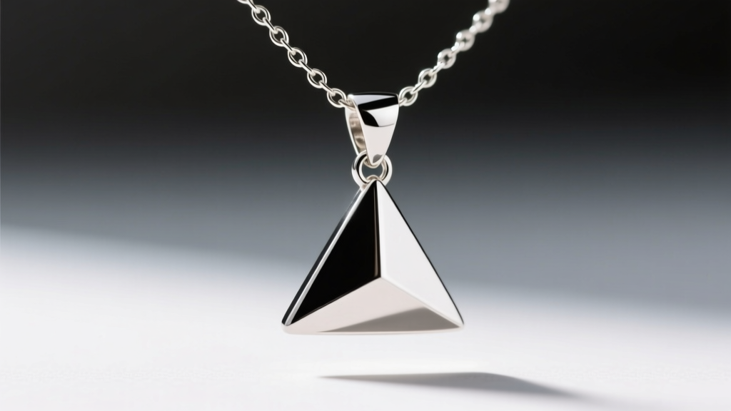 Macro shot of a silver triangle pendant bail on a 1mm chain, showing the exact friction point causing the geometric piece to flip