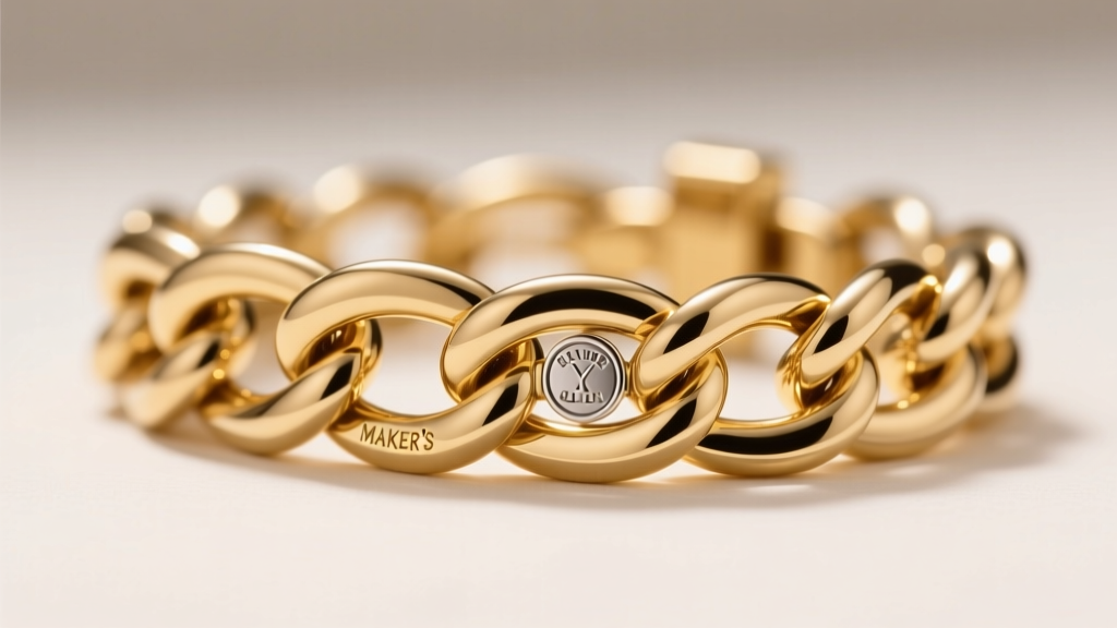 Side profile of a heavy eighteen karat gold vermeil chain link clasp with stamped makers mark and sterling hallmark visible.