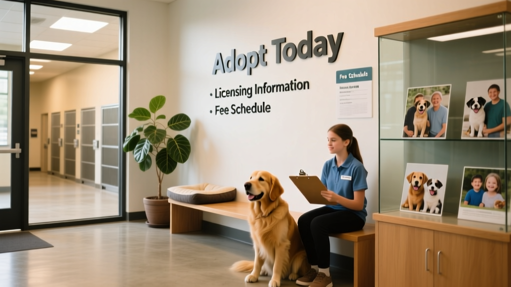 A clean, well-lit municipal animal shelter lobby with signage about adoption, licensing, and fee schedules