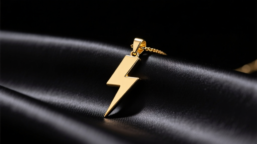 Close-up of a minimalist 14k yellow gold lightning bolt pendant resting on black silk fabric, illuminated by soft studio lighting.