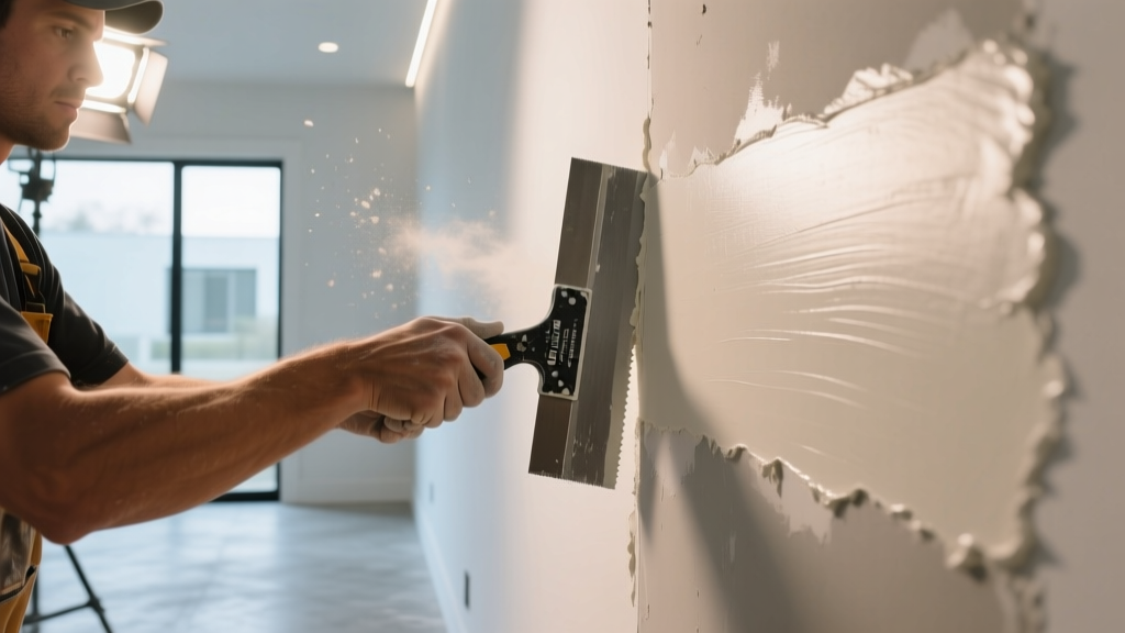 Drywall finisher applying a smooth Level 5 skim coat with a wide taping knife under bright LED work lights in a modern residential interior