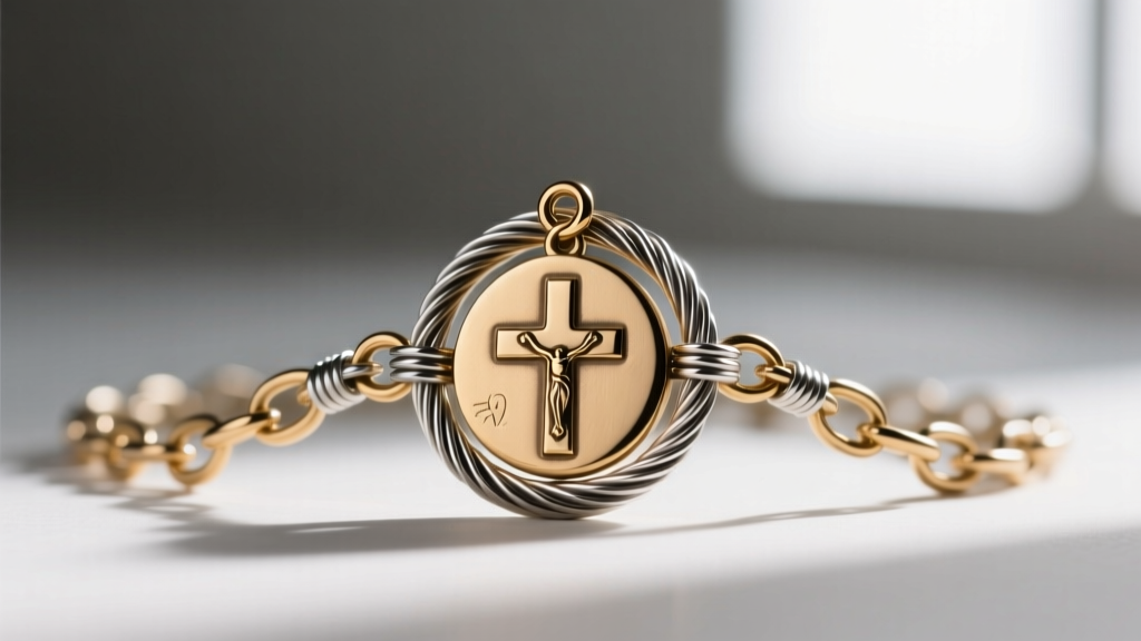Extreme close-up of a rosary center medal and wire-wrapped link, showing nylon-coated steel wire and solid brass hardware.