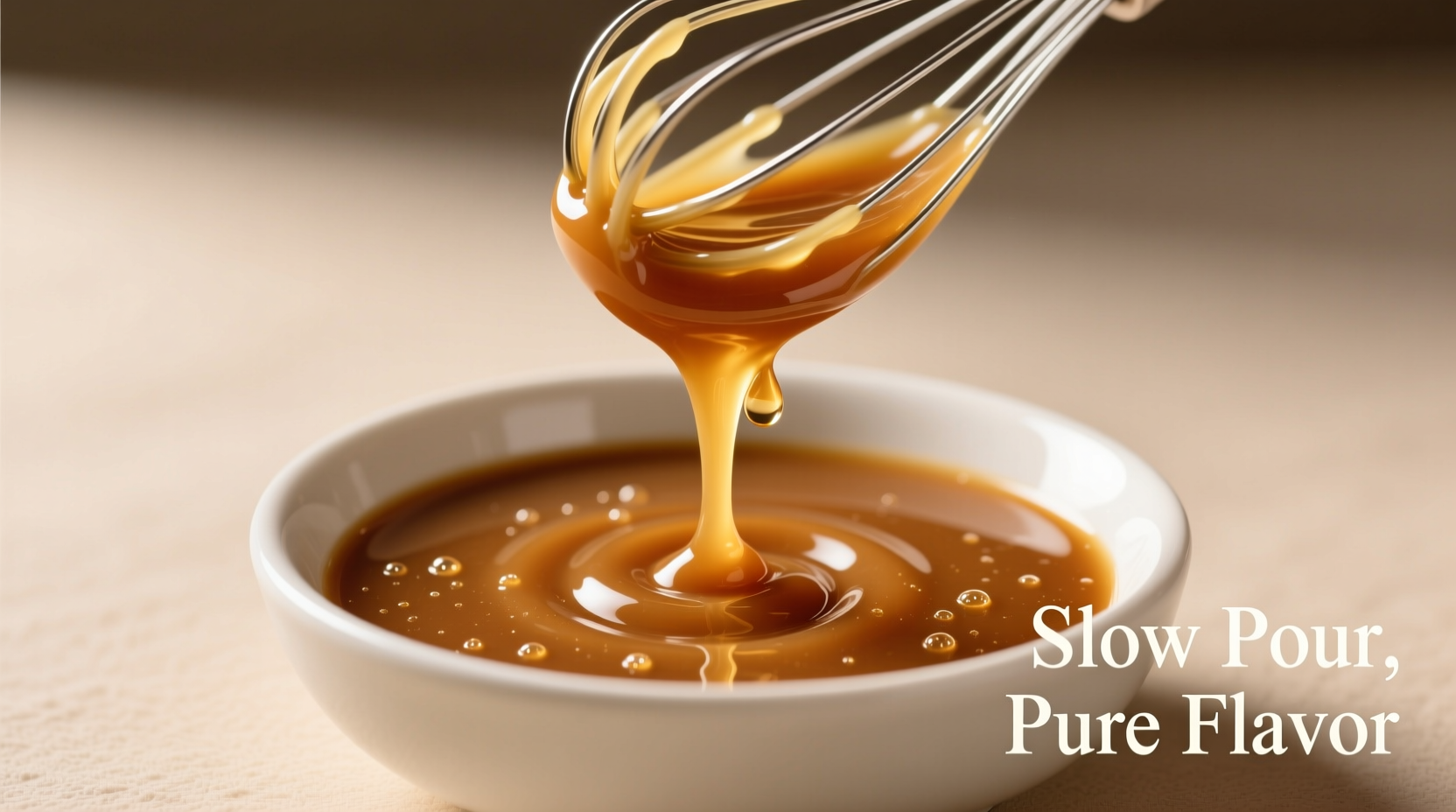 Smooth golden chicken gravy being poured from whisk