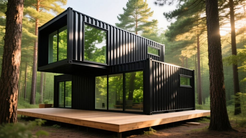 Modern two-story shipping container home with black corrugated steel siding, large glass windows, and a wooden deck in a pine forest.