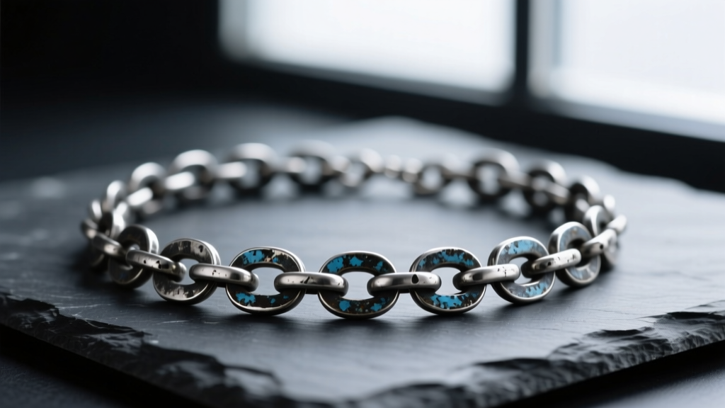 Close-up of an oxidized silver Constantine necklace on dark slate, showing intricate textured links and dark antique patina finish