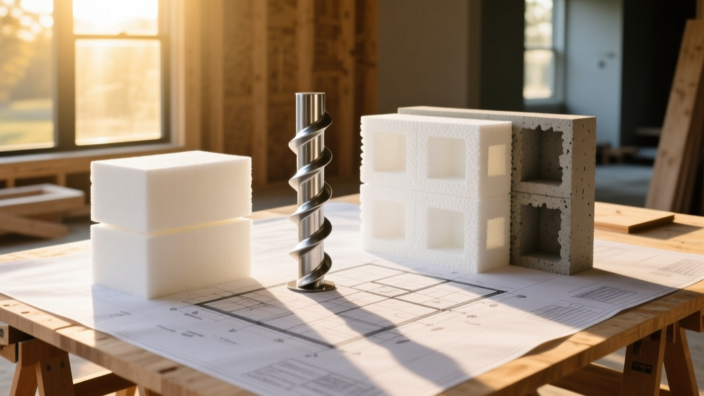 EPS geofoam blocks, steel helical piers, and ICF forms arranged on a blueprint-covered table at a sunny residential construction site.
