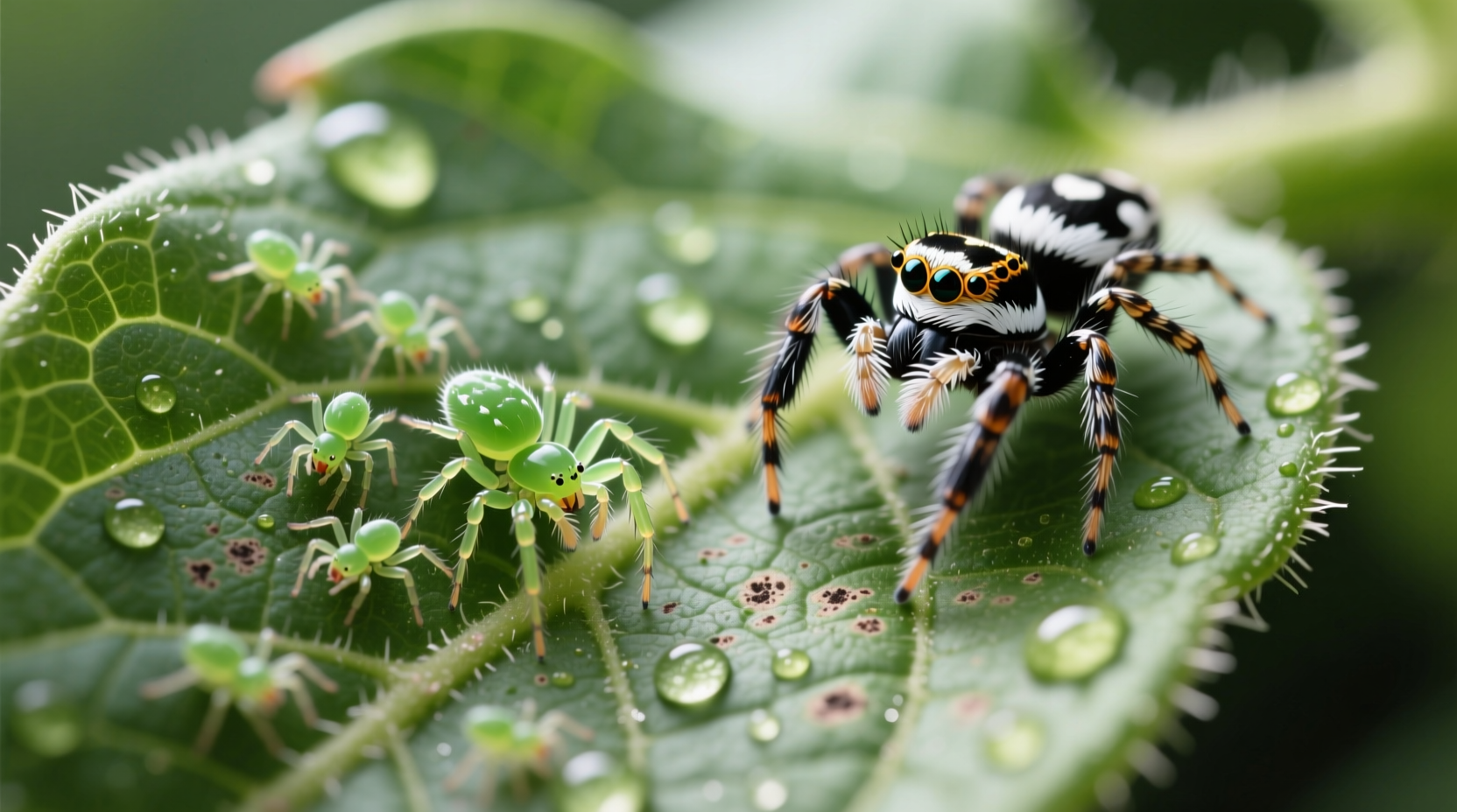 Close-up comparison of spider mites and jumping spiders on tomato leaves
