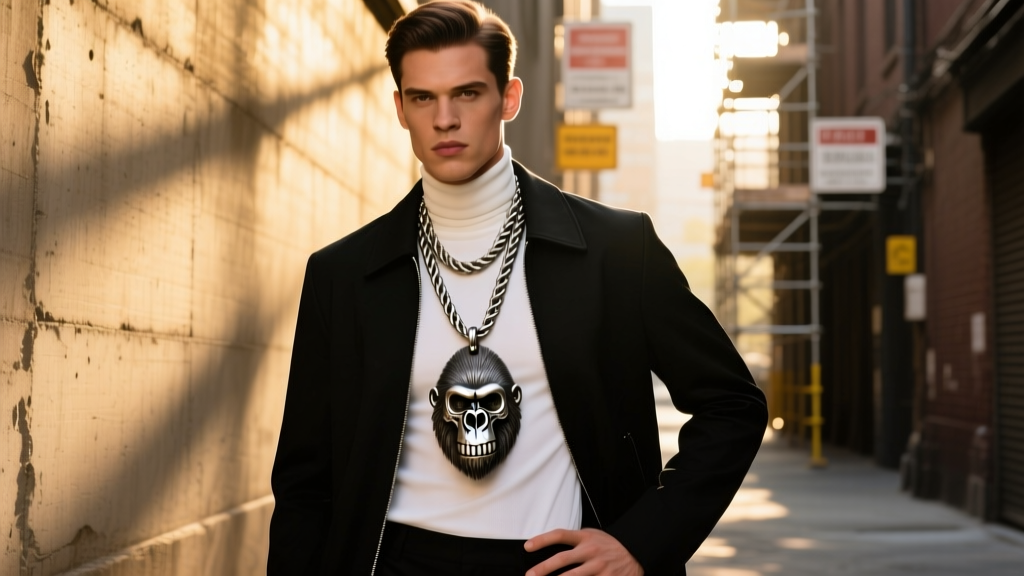 Male model wearing a layered 24-inch rope chain with an oxidized silver gorilla skull Amulet of Torture replica in urban setting