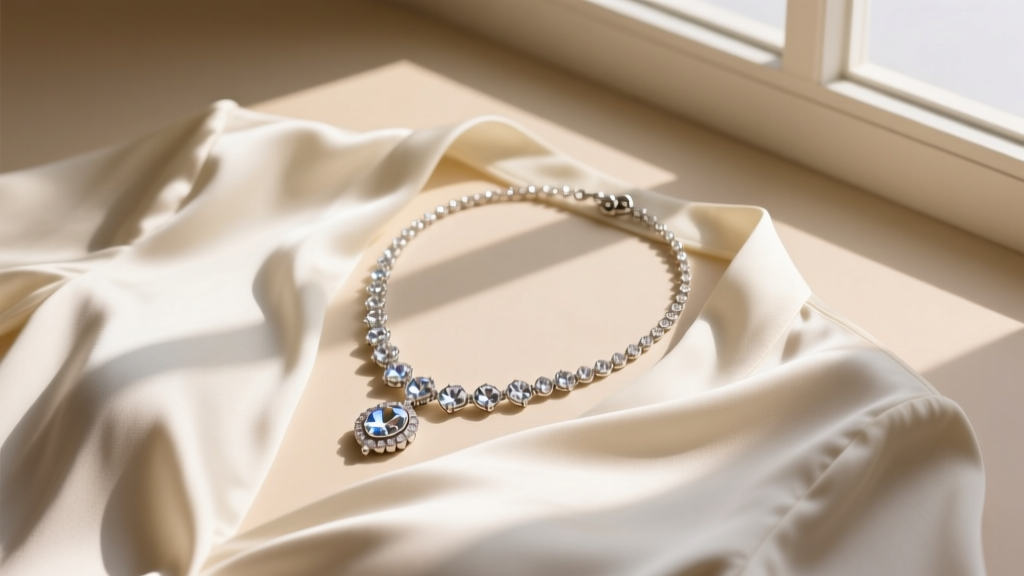 Flat lay of a vintage rhodium-plated Lia Sophia necklace with Austrian crystal pendants resting on a sleek minimalist silk blouse