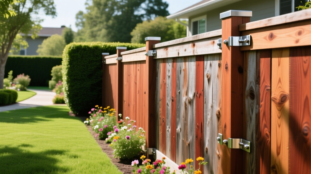 Weathered western red cedar privacy fence panels with stainless steel fasteners bordering a lush green suburban backyard in bright sunlight