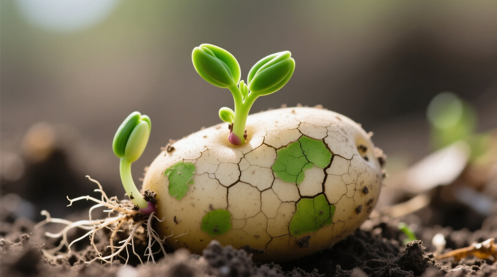 Close-up of sprouted potato with green patches