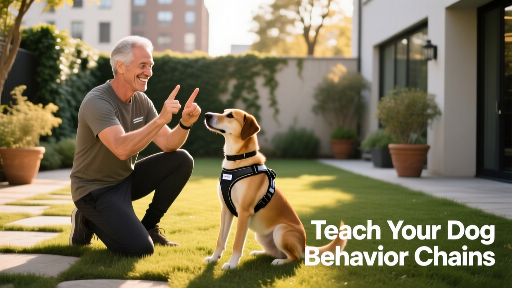 A trainer smiling and giving clear hand cues while their dog smoothly transitions between sit, down, and stand behaviors