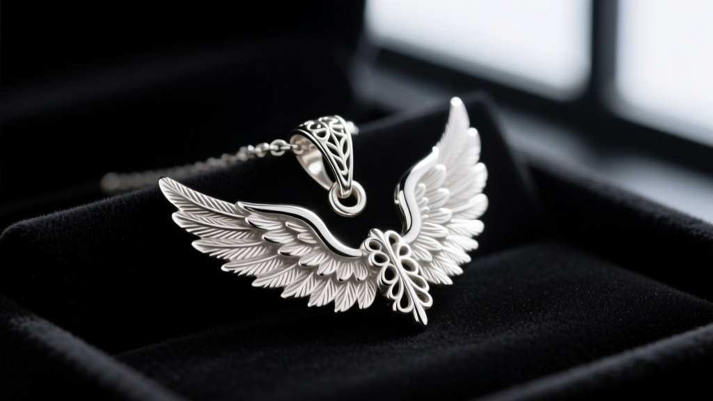 Polished sterling silver angel wings pendant on dark velvet, soft studio lighting highlighting intricate feather details and bail.