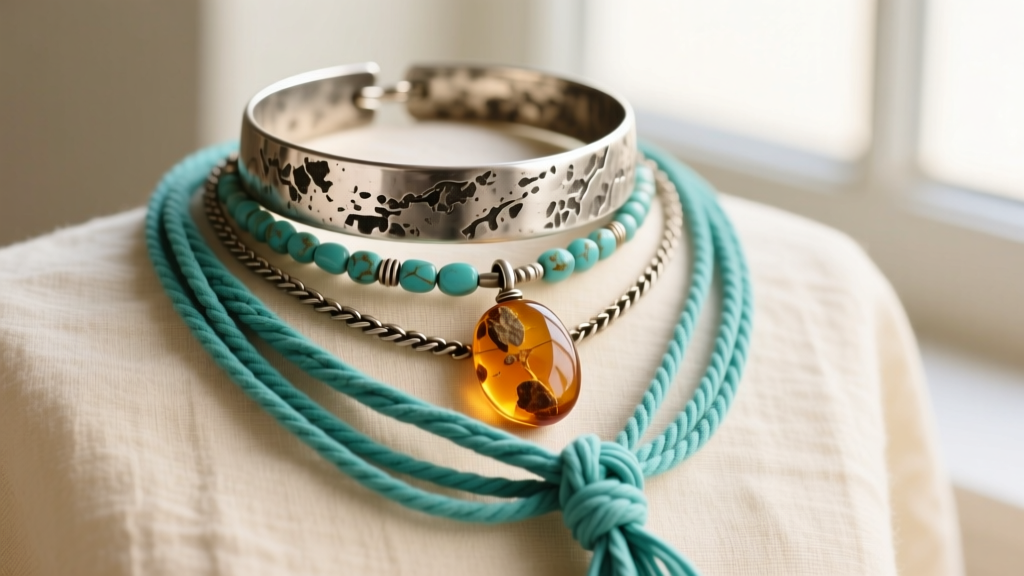 A layered boho style necklace stack with oxidized silver choker, raw amber pendant, and turquoise lariat on linen.