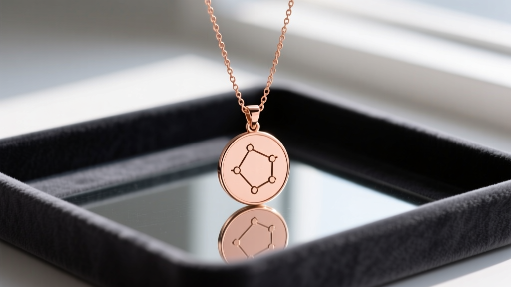 Minimalist zodiac constellation pendant in rose gold on a 16-inch chain, resting on a dark charcoal velvet jewelry display tray