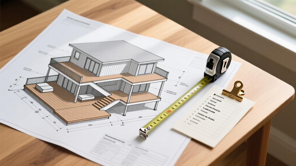 Top-down view of a detailed architectural blueprint for a multi-level composite deck with a material list checklist and measuring tape on a wooden table