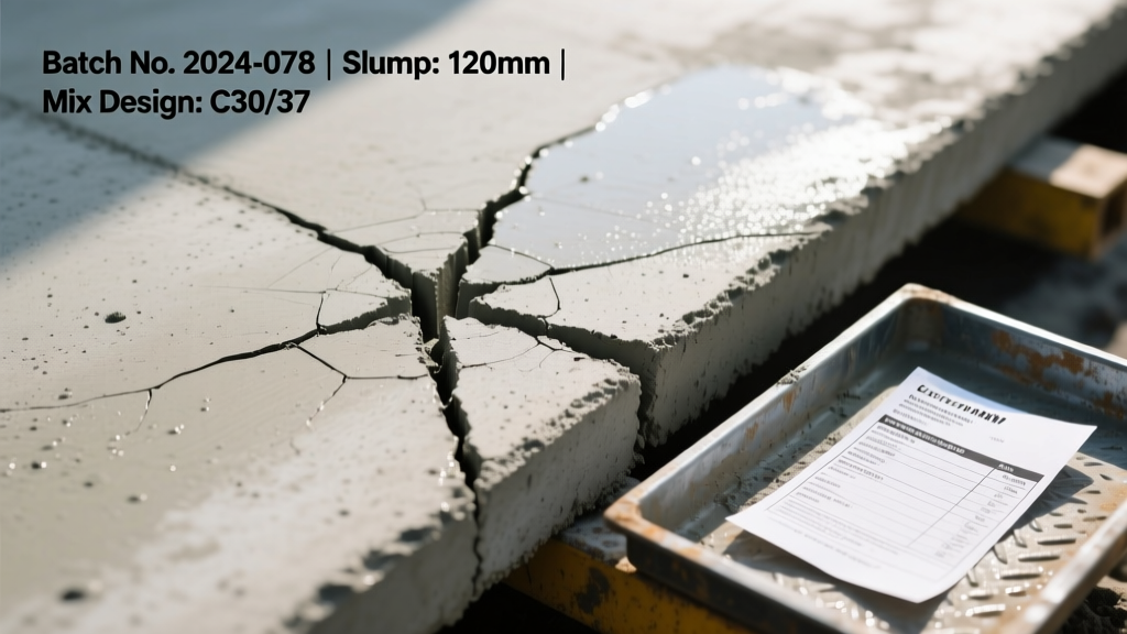 Close-up of a troweled concrete slab showing a distinct Y-shaped plastic shrinkage crack pattern next to a fresh mix design batch ticket