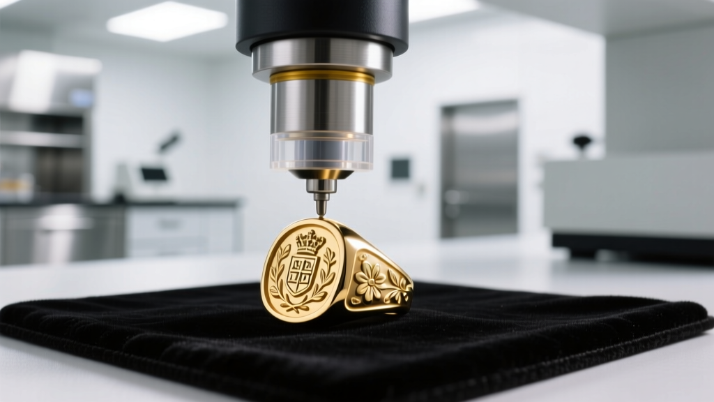 Macro shot of an XRF analyzer gun scanning a vintage 18k gold signet ring on a black velvet mat under bright laboratory lighting.